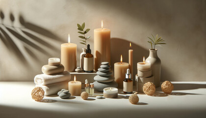 Spa Still Life with Creams, Oils, and Candles, A soothing spa still life arrangement featuring creams, essential oils, and lit candles, symbolizing a healthy lifestyle and spa treatments.
