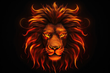 
Illustration neon style Leo sign in orange neon, a striking lion's mane illuminating the darkness