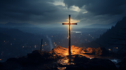 Silhouettes of crucifix symbol on top mountain with bright sunbeam on the colorful sky background