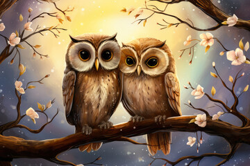 
Illustration of a bride and groom pair of owls, perched on a branch with a full moon in the background