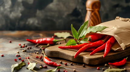 Red chili pepper and bay leaves with brown paper