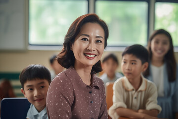 Smiling asian women teacher in a classroom. Asian teacher in a room. Lady teacher. At work. AI.	
