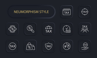 Taxes set line icon. Money, state, payment, tax, debt, bank, tribute, apartment. Neomorphism style. Vector line icon for business and advertising
