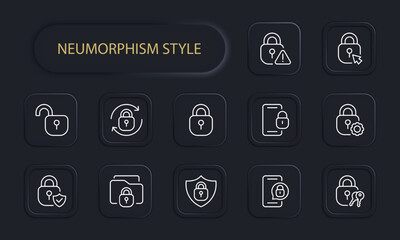 Security set line icon. Key, door, well, lock, master key, house, safe.