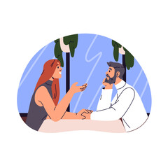 Couple with age difference on first date in restaurant. Adult man and young girl in romantic relationship. People in love hold hand, romance chat. Flat isolated vector illustration on white background