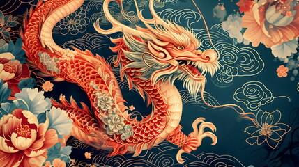 Fototapeta premium Chinese Dragon with Flowers Background Illustration. Year of the Dragon 2024