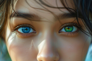Fototapeta premium THE GIRL HAS ONE GREEN EYE, THE OTHER BLUE. A CLOSE PLAN.