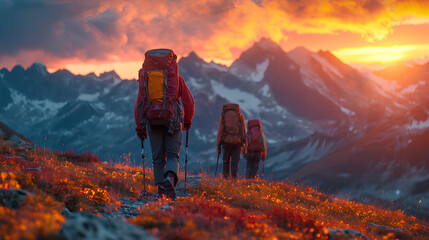 A group of hikers with backpacks treks towards the setting sun amidst the majestic mountains, embarking on an epic journey.
 - obrazy, fototapety, plakaty