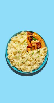 Pasta dishes combined in a vertical video animation. Plates with pasta isolated on colorful backgrounds.
