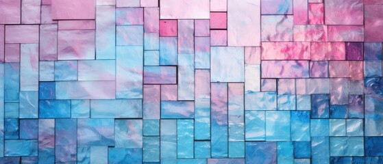 Fototapeta premium Pink and blue abstract grunge glass square mosaic tile mirror wall, creating a textured background, Ai Generated
