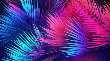 Tropical palm leaves in vibrant neon gradient, displaying holographic colors, Ai Generated.