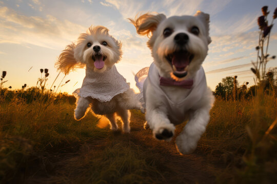 
Photograph of two dogs dressed as bride and groom, playfully running through a meadow with a sunset backdrop