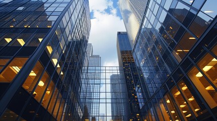 Naklejka premium Reflective skyscrapers standing tall, representing the dynamic business office buildings, Ai Generated
