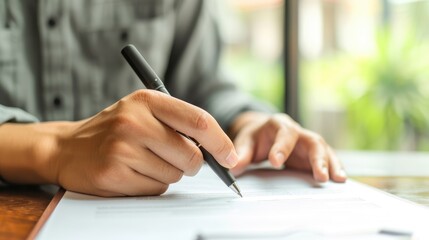 A young man's hand holding a pen, pointing to a document and marking a correct sign, Ai Generated