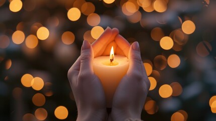 Two hands holding a lit candle amidst a dreamy bokeh background. Ai Generated