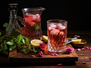 Hibiscus Tea in Glass Cup, Dry Rose Drink, Cold Fruit Red Tea, Iced Karkade in Transparent Mug