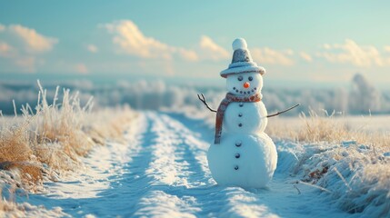 Obraz premium Embrace the joy of winter with a snowman gracing a vast, snowy field, a symbol of seasonal delight. Ai Generated.