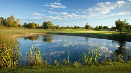 Enjoy the serenity of a pond with a scenic golf course backdrop, a harmonious blend of recreation and nature. Ai Generated. - obrazy, fototapety, plakaty