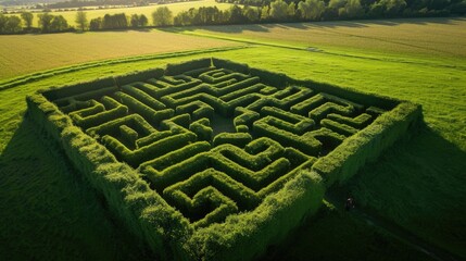 Navigate a captivating maze nestled within the heart of a lush green field, an adventure in nature. Ai Generated.