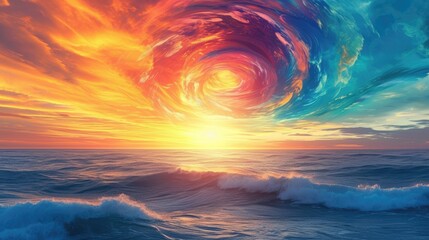 Experience the magic of a sunset over the ocean, with a vibrant, swirling display of colors in the horizon. Nature's canvas. Ai Generated.