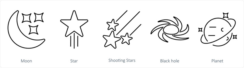 A set of 5 Astronomy icons as moon, star, shooting stars