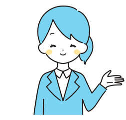 水色｜案内するスーツの女性｜左手