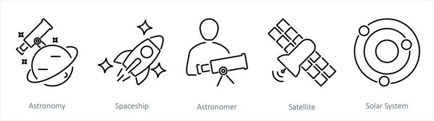 A set of 5 Astronomy icons as astronomy, spaceship, astronomer