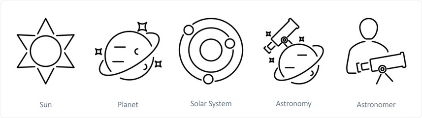 A set of 5 Astronomy icons as sun, planet, solar system - obrazy, fototapety, plakaty