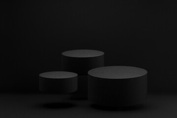 Three black round flying podiums, set, mockup on black background, shadow. Scene template for presentation cosmetic products, gifts, goods, advertising, design, display, showing in minimalist style.