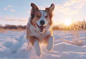  collie dog running through snow at sunrise during winter