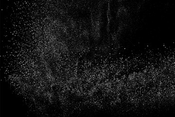 Fototapeta na wymiar White grainy texture. Abstract dust overlay. Grain noise. White explosion on black background. Splash light realistic effect. Vector illustration. 