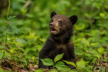 A bear cub revels in the freedom of the wilderness, a joyful spectacle of unbridled play