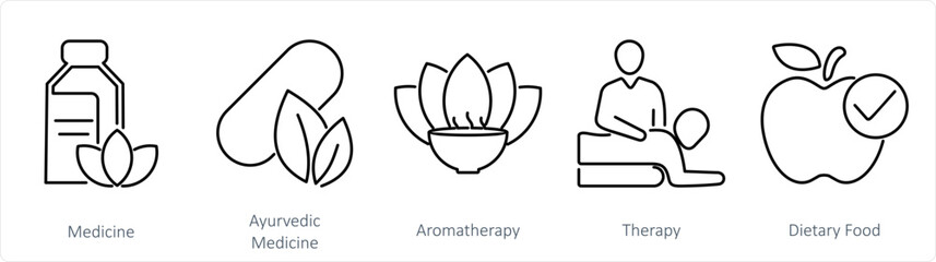 A set of 5 Mix icons as medicine, ayurvedic medicine, aromatherapy