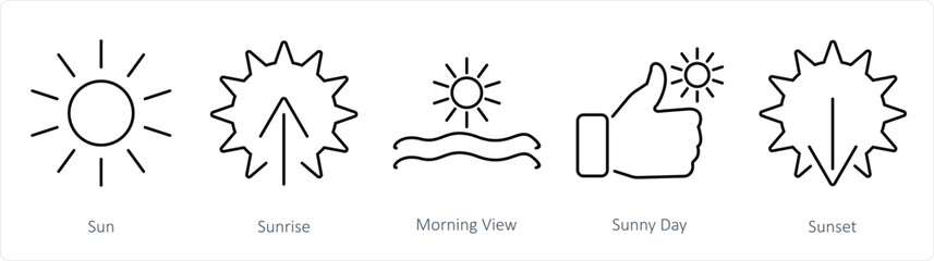 A set of 5 Mix icons as sun, sunrise, morning view