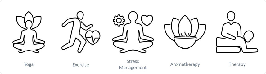 A set of 5 Mix icons as yoga, exercise, stress management