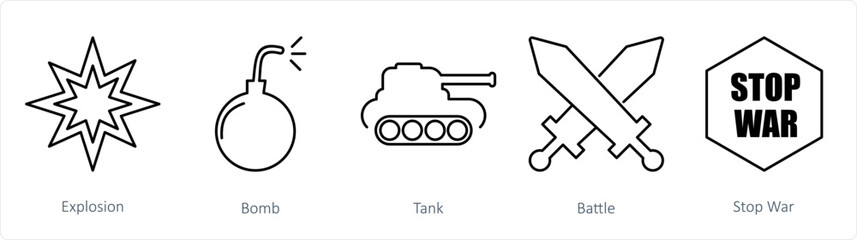 A set of 5 Mix icons as explosion, bomb, tank
