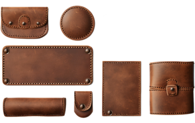 Set of brown isolated realistic leather patch. Round and rectangle calfskin material sample, rivet