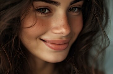 Close-up of a beautiful enchanting female face with a happy smile, with freckles. calm faded tone studio backdrop. generative AI