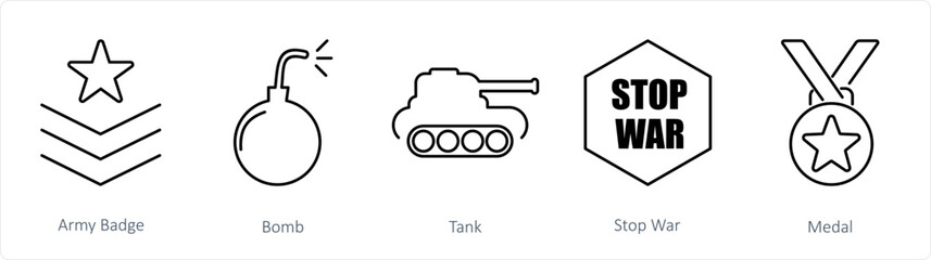 A set of 5 Mix icons as army badge, bomb, tank