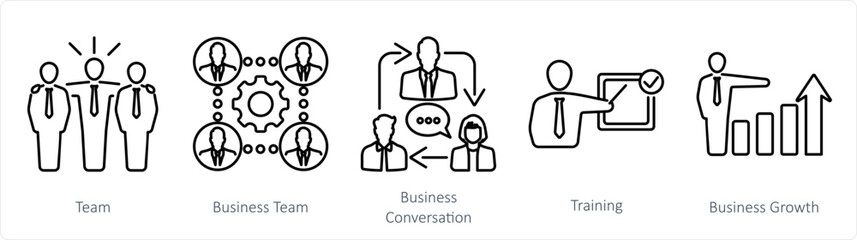 A set of 5 Mix icons as team, business team, business conversation