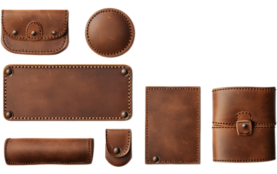 Set of brown isolated realistic leather patch. Round and rectangle calfskin material sample, rivet