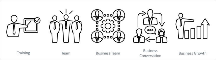 A set of 5 mix icons as training, team, business team