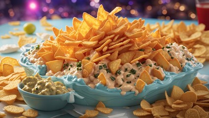 "Cheesy Delight: A Chip's Submersion into Savory Bliss"