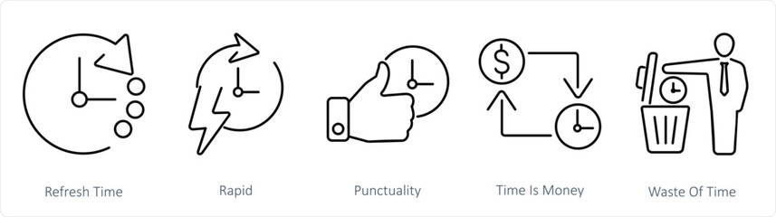 A set of 5 mix icons as refresh time, rapid, punctuality