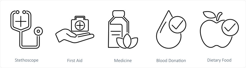 A set of 5 mix icons as stethoscope, first aid, medicine