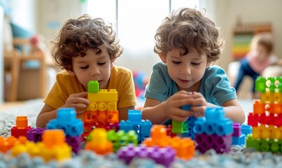 Obraz premium Two five-year-old boys are building a house from a multi-colored construction set