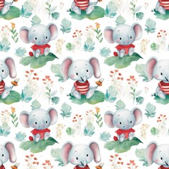 christmas pattern A little elephant in a red hat laughs happily. Somtam ore in the forest with rabbits, flowers, tigers, leaves happily. All the animals laugh and dance around happily. Fabric pattern,