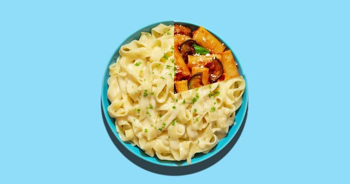 Pasta dishes combined in a video animation. Plates with pasta isolated on colorful backgrounds.
