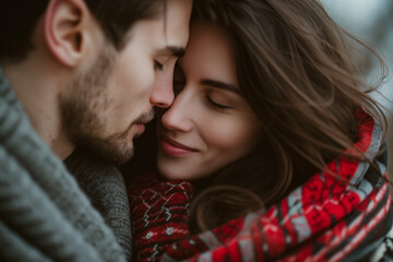 A romantic close up of a couple in a tender embrace, adorned in winter apparel, conveying warmth and affection.