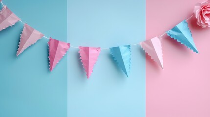 Triangular pink and blue paper garlands on a pastel background